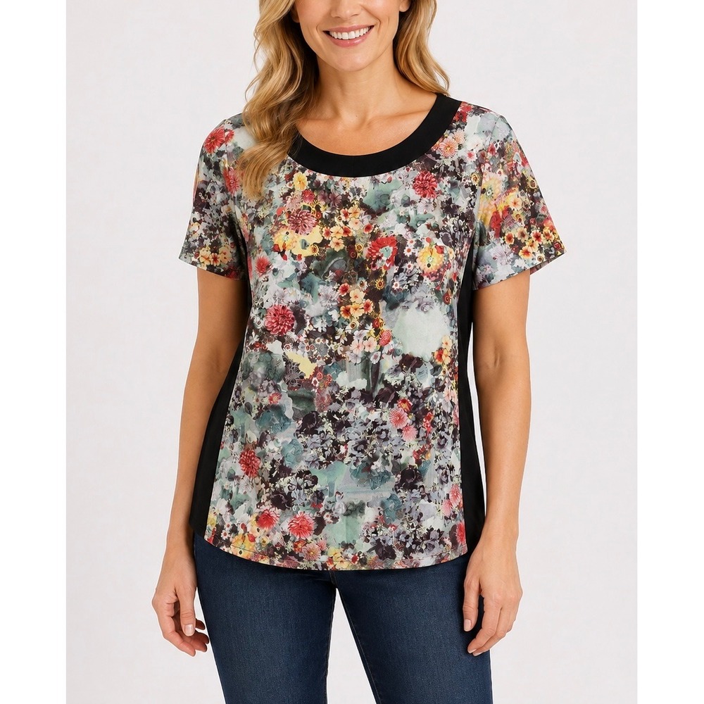 H&M Floral Short Sleeve Blouse Black Side Panels Back Button Top Womens Size 12